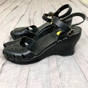 Swedish Hasbeens Black Flora Wedge Sandal 41